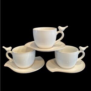 World Market Set of 3 ceramic coffee cups and saucers with birds on handle 8 oz.